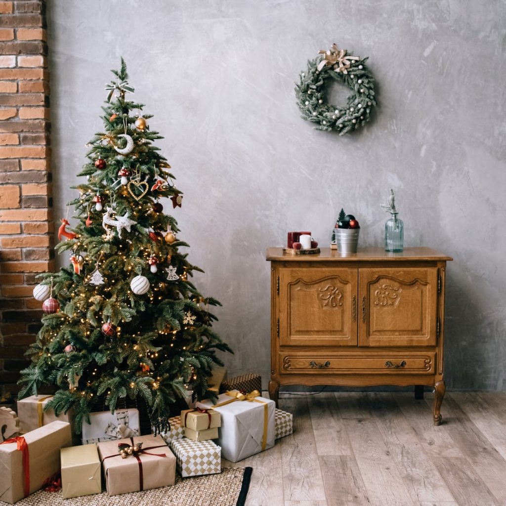 cozy room with christmas tree and decorations